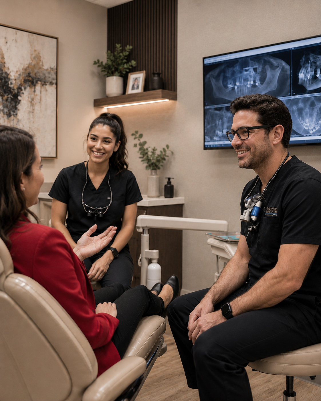Dentist and hygienist discussing a treatment plan with a patient in a modern dental office